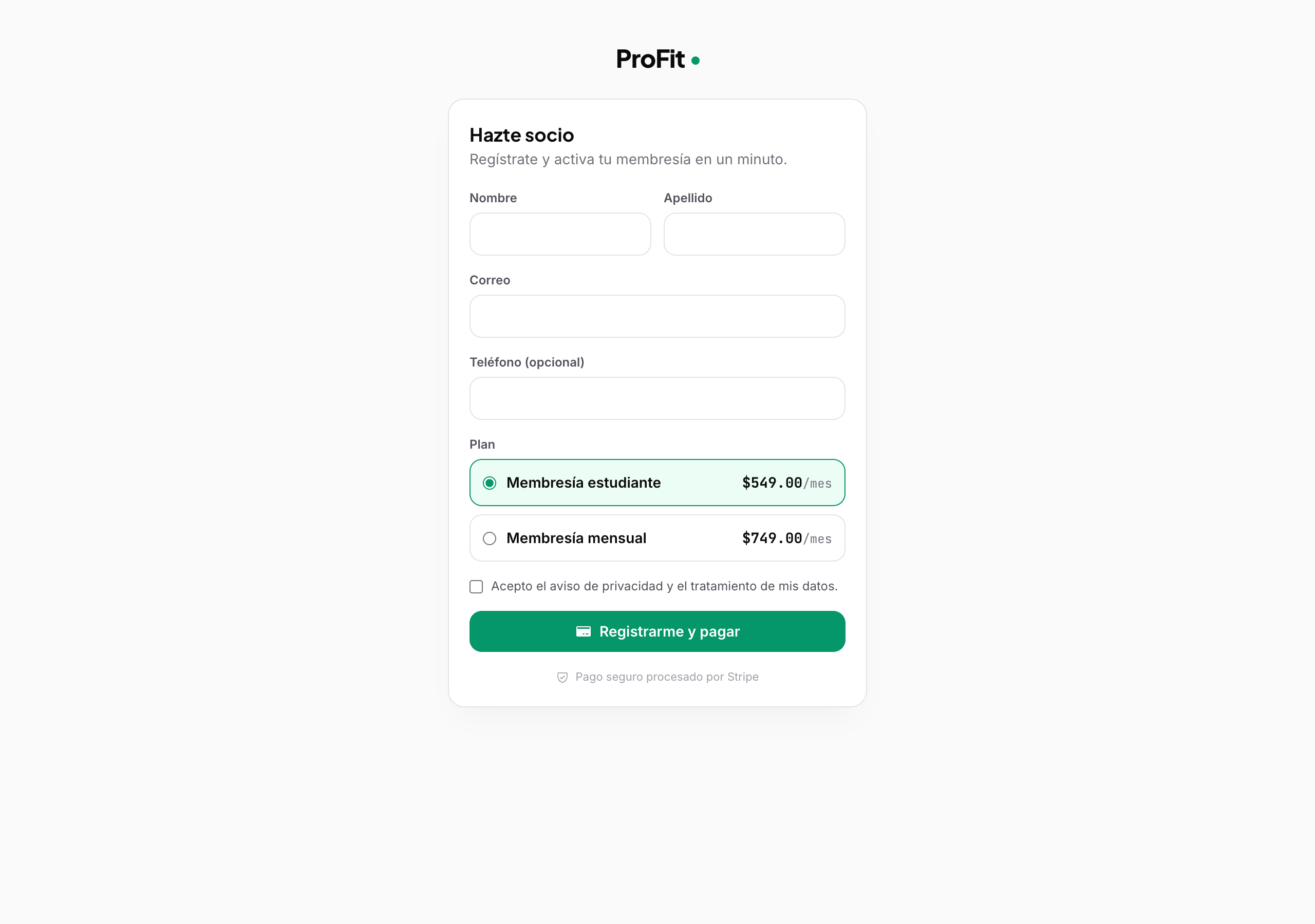 El socio se inscribe y paga con Stripe